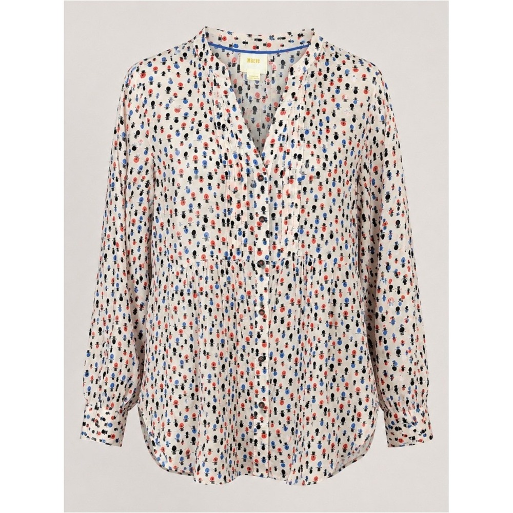 Maeve Button Down Tunic Blouse 4 Ivory Rayon Print Boho Whimsical Artsy Anthro